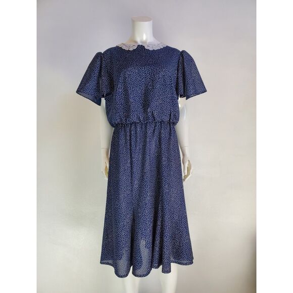 Vintage 80s Jenny Navy Polkadot Day Dress - Picture 4 of 10